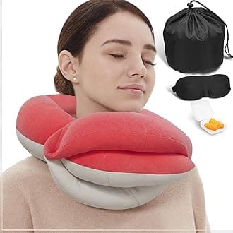 BUYUE Travel Neck Pillows for Airplanes, 360° Head Support Sleep for Long Flight, Skin-Friendly & Breathable, Kit with 3D Contoured Eye Mask, Earplugs and Storage Bag (Adult, Pink, 90+ lbs)