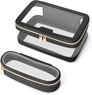 Travel Clear Makeup Bag with Makeup Brush Bag, Leather Makeup Case Toiletry Bag, Portable Cosmetic Bag Case, Transparent Waterproof Cosmetic Organizer Storage Bag for Women, Black, M, 1