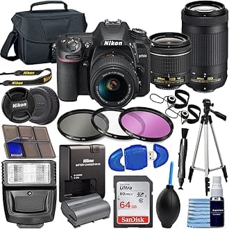 D7500 DX-Format Digital SLR w/AF-P DX NIKKOR 18-55mm f/3.5-5.6G VR Lens + AF-P DX 70-300mm f/4.5-6.3G ed Lens + 64GB Memory Card, TriPod, Flash, 3pc Filter Kit, Case, More, Black