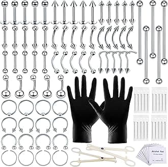 100 PCS Piercing Kit 14G 16G Nose Septum Rings Silver Piercing Jewelry for Nose Belly Button Tongue Body Piercing Tools Kit with 20 PCS 12G 14G Piercing Needle