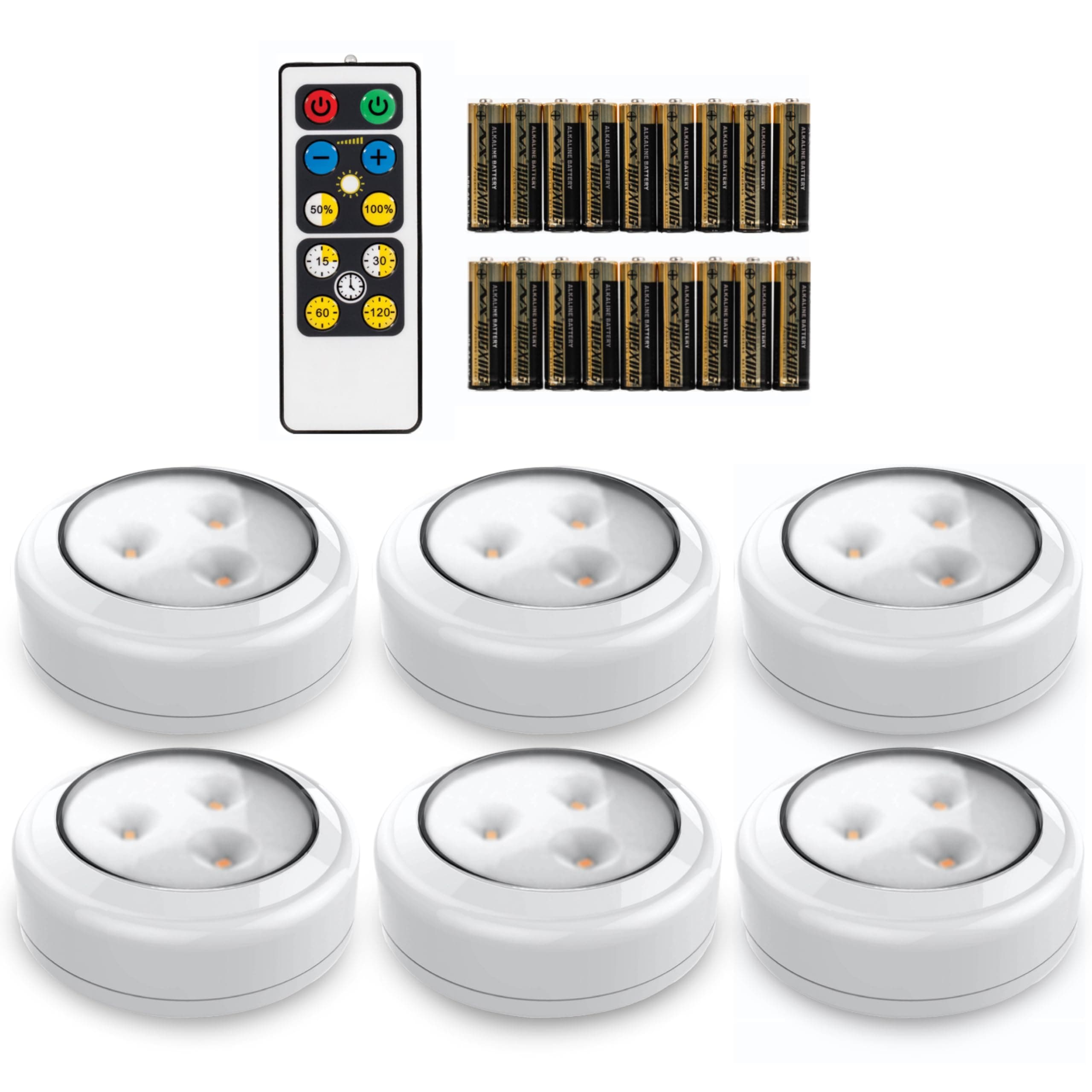 Brilliant Evolution Stick On Push Lights - 6 Pack Remote Controlled LED Lights Under Cabinets - DIY Stick On Lights for Closet, Counter, Kitchen - Battery Operated Puck Lighting with Remote