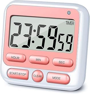 KTKUDY Digital Kitchen Timer with Mute/Loud Alarm Switch ON/Off Switch, 12-Hour Clock & Alarm, Memory Function Count Up & Count Down for Kids Teachers Cooking, Large LCD Display, Strong Magnet (Pink)