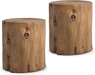 SUNBURY Outdoor Side Table Set of 2, Tree Stump Side Table Light Oak Colored Faux Wood, Wood Stump Stool, Ottoman or Plant Stand, Deck or Garden