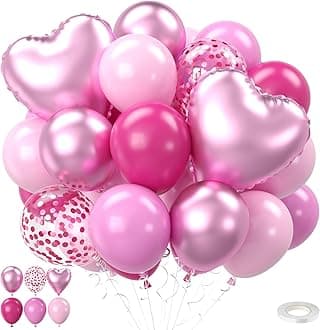 Pink Balloons,12 Inch 50Pcs Hot-Pink Pastel Balloon, Pink Heart Foil Ballons Confetti Balloon for Birthday Party Valentine's Day, Girls' Birthday Decorations Princess