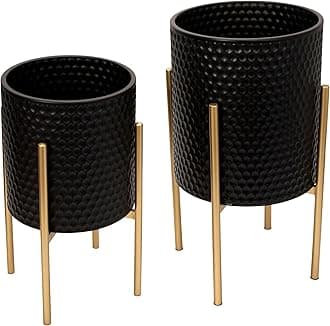 Sagebrook Home Honeycomb Planter On Metalstand, Black/Gld (Set of 2), METAL, L x 14''W x 23''H