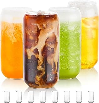 BEWAVE Drinking Glass Set of 8, 16oz Can Shaped Glasses Cups, Iced Coffee Glasses, Beer Tumbler, for Whiskey, Soda, Tea, Juice, Gift, with Lid, Straw and Sleeve