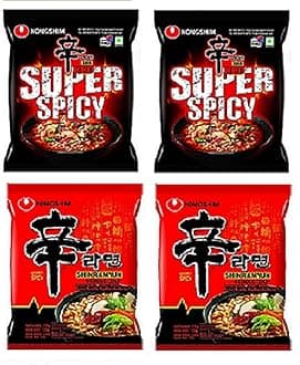 Nongshim Shin Ramyun & Red Super Spicy Noodles 120 grams*4Pack (Pack of 4) (Imported)