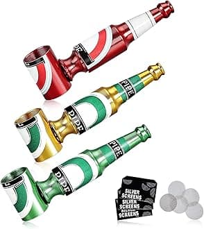 Joyoldelf 3pcs Mini Tobacco Pipe - Beer Bottle Smoking Pipe with Multi-Color (Red, Green, Gold), Portable Tobacco Pipe for Smoking with Random Pattern, Pipe Starter Kit for Beginners with Mesh Screen