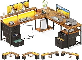AODK 59" L Shaped Desk, Computer Desk with File Cabinet & 4 Fabric Drawers, Home Office Desk with Monitor Shelf & Power Outlet, Two Person Desk or Corner Desk, Gaming Table with LED Light, Vintage