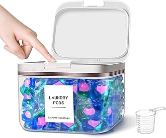 94oz/2.8L Laundry Pods Container for Room Organization, Pod Up Holder With 30 Labels and Scoop, Detergent Powder Container, Dryer Sheet Holder, 150 Pods