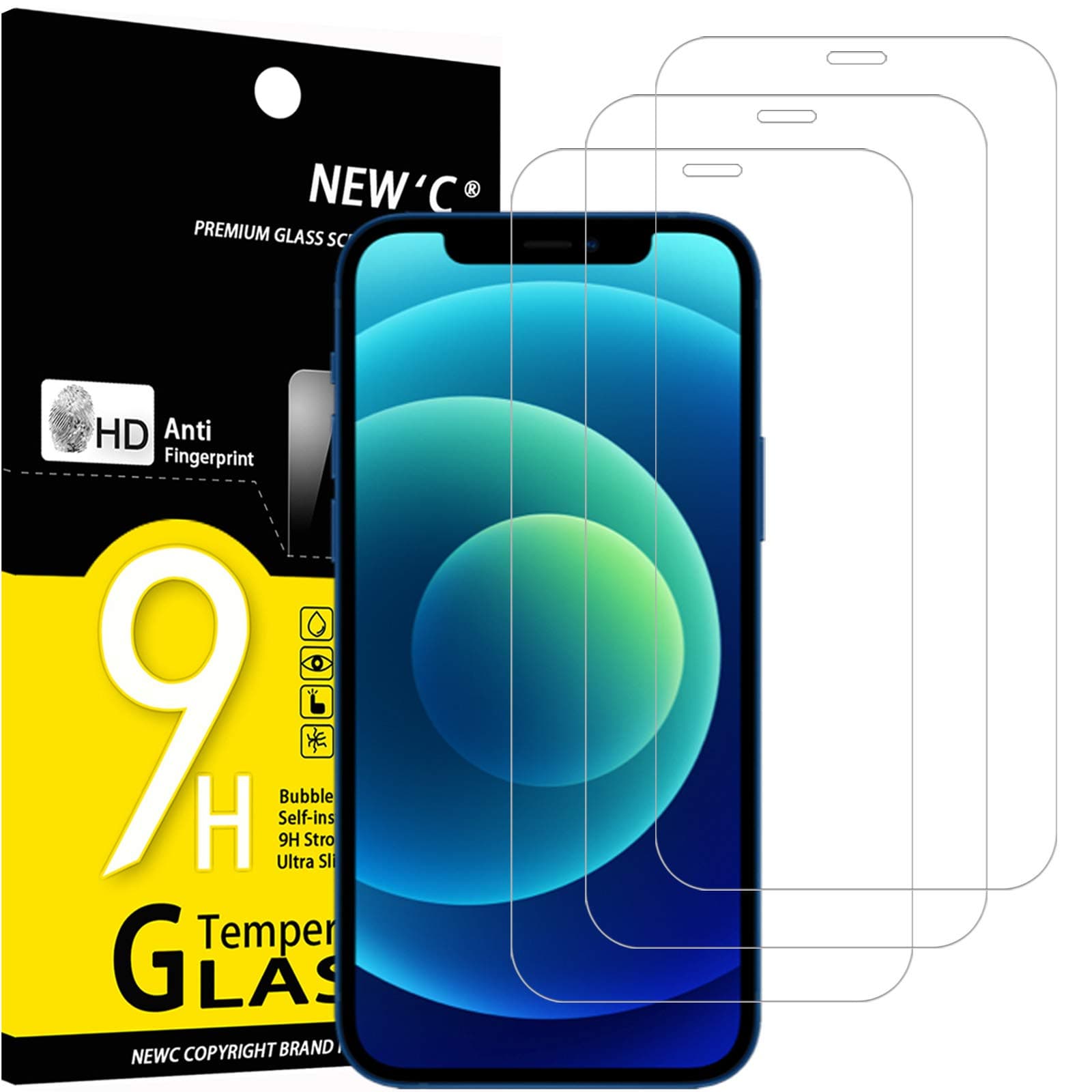 NEW'C 3 Pack Designed for iPhone 12,iPhone 12 Pro Screen Protector (6.1"), Enhanced Tempered Glass Protection, Case Friendly Bubble Free Ultra Resistant