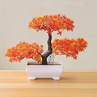 Gemini_mall Artificial Bonsai Cedar, Welcoming Pine Emulate Bonsai Simulation Decorative Artificial Flowers Fake Green Pot Plants Ornaments Home Decor Sunset Red