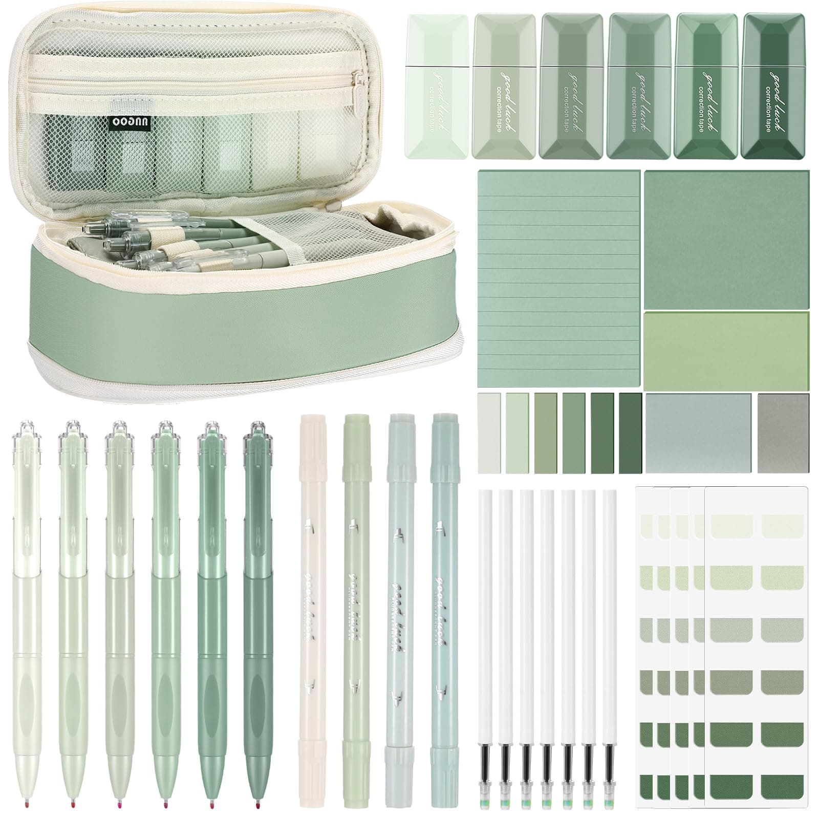 Janlaugh 38 Pcs Aesthetic College School Supplies with Pen Case Sticky Notes Gel Pens Highlighters Correction Tapes Back to School Stationery Kit(Green Color,Classic)