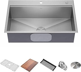 KRAUS Kore 33-in Drop-In Workstation 16 Gauge Stainless Steel Single Bowl Kitchen Sink with Accessories