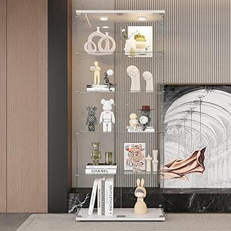 LFT HUIMEI2Y Glass Display Cabinet 5-Shelf with LED Lights and Lock, 2 Door Curio Cabinets Upgraded Quick-Install Style Tempered Glass Floor Standing Bookshelf for Living Room, Bedroom, Kitchen White