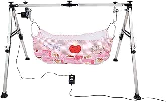 ZuMart® Baby Boy's and Girl's Portable Folding Swing Baby Cradle Ghodiyu Palna with Hammock Having Mosquito Net,Square,Steel,Black Pic1 (Automatic Cradle Kit with Cloth Zoli)