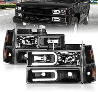 AmeriLite For 1988-1998 Chevy Pickup Truck C/K Suburban Tahoe LED Tube Black Replacement Headlights Halogen Bulb Parking Corner Light Sets - Passenger and Driver Side
