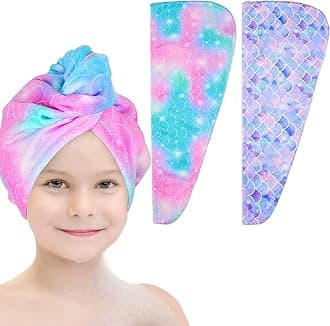 Basumee Microfiber Hair Towel Wrap for Kids 2 Pack Rapid Drying Hair Towel with Button Hair Turbans for Wet Hair Wraps Head Towel Wrap for Women and Girls, Light Mermaid