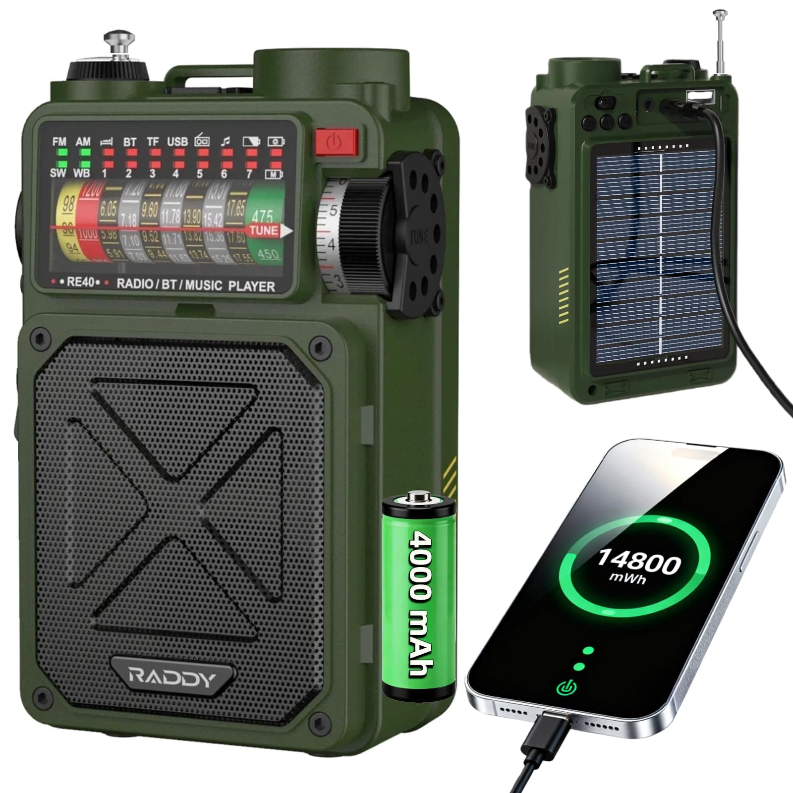 RE40 Portable Shortwave Radio FM/AM/SW/WB Receiver, 4000mAh Retro Emergency Radio with BT/USB/TF and NOAA Alerts, Pocket Radio with USB-C Rechargeable