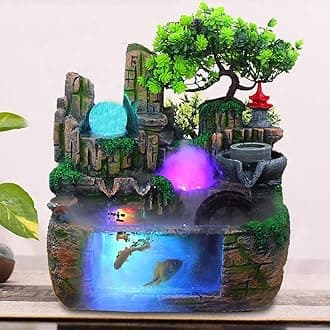 Fountain Waterfall Desktop with Light Indoor Fountain Zen Meditation Plants Stones LED Lamp Rockery Pump with Light Relaxation Resin Planter for Office Decoration (Fish)