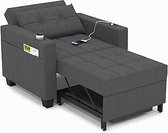36.6 Inch Sleeper Chair 3-in-1 Convertible Chair Bed Pull Out Sleeper Beds Adjustable Single Armchair Sofa with USB Ports, Side Pocket, Cup Holder (Dark Gray Linen)