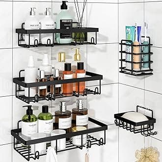 Liuoud 5 Pack Shower Caddy Organizer Rack Shelf for Inside Shower, Adhesive Bathroom Wall Storage Basket Rustproof Stainless Steel Shampoo Holder, Bathroom Accessory Decor Set, Black.