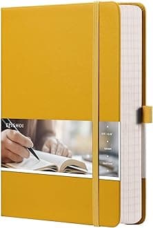 EMSHOI A5 College Ruled Notebook, 256 Numbered Pages 120GSM Ink-Proof Faux Leather Hardcover Lay-Flat Lined Journal for Work Office School Travel Writing, Small 5.75" x 8.38", Yellow