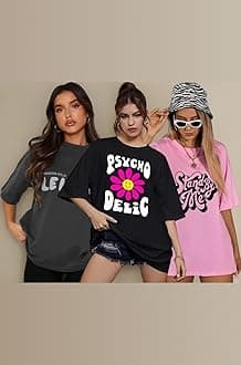 London Hills Women's Cotton Oversized Fit Printed Round Neck Oversized T-Shirt | Loose Fit Drop Shoulder T-Shirt Pack of 3