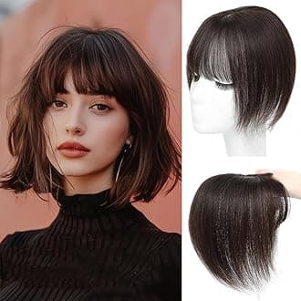 Hair Toppers for Women Real Human Hair， 360°3D Cover Toppers Hairpieces for Women with Thinning Crown Wispy Clip in Bangs Realistic Scalp Hairline (Dark Brown, Wispy Bangs)