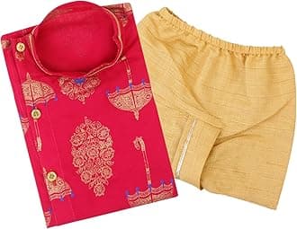 superminis Boy's Golden Foil Printed Side Open Cotton Kurta, Round Collar, Full Sleeves With Cream Color Dhoti Clothing Set