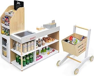 COSTWAY Pretend Play Shop, Kids Supermarket Playset with Shopping Cart, Scanner, Chalkboard & Checkout Belt, Wooden Role Play Grocery Store for Ages 3+