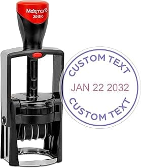 MaxMark Heavy Duty Round Date Stamp with Custom Text, Self Inking Date Stamp - 2045-6 - Choose from Many Font and Color Options