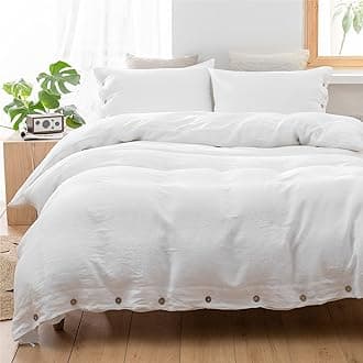 Simple&Opulence Coconut Buttons Bedding Set Linen Duvet Cover Set (King, White)