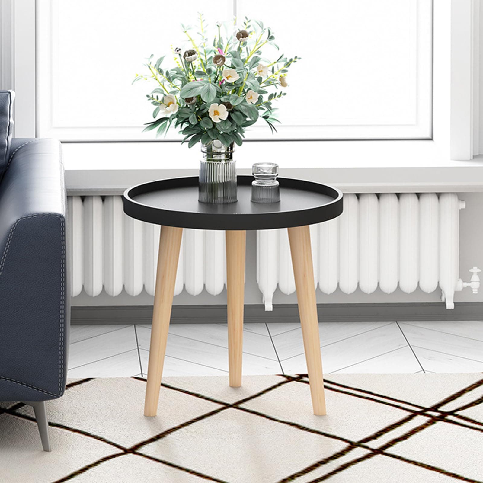 Paperbacks Round Side Table Tray End Table, Lipped Edged Sofa Table with 3 Natural Solid Wood Legs, Coffee End Table for Living Room, Bedroom, Small Spaces, Easy Assembly Bedside Table (Black)