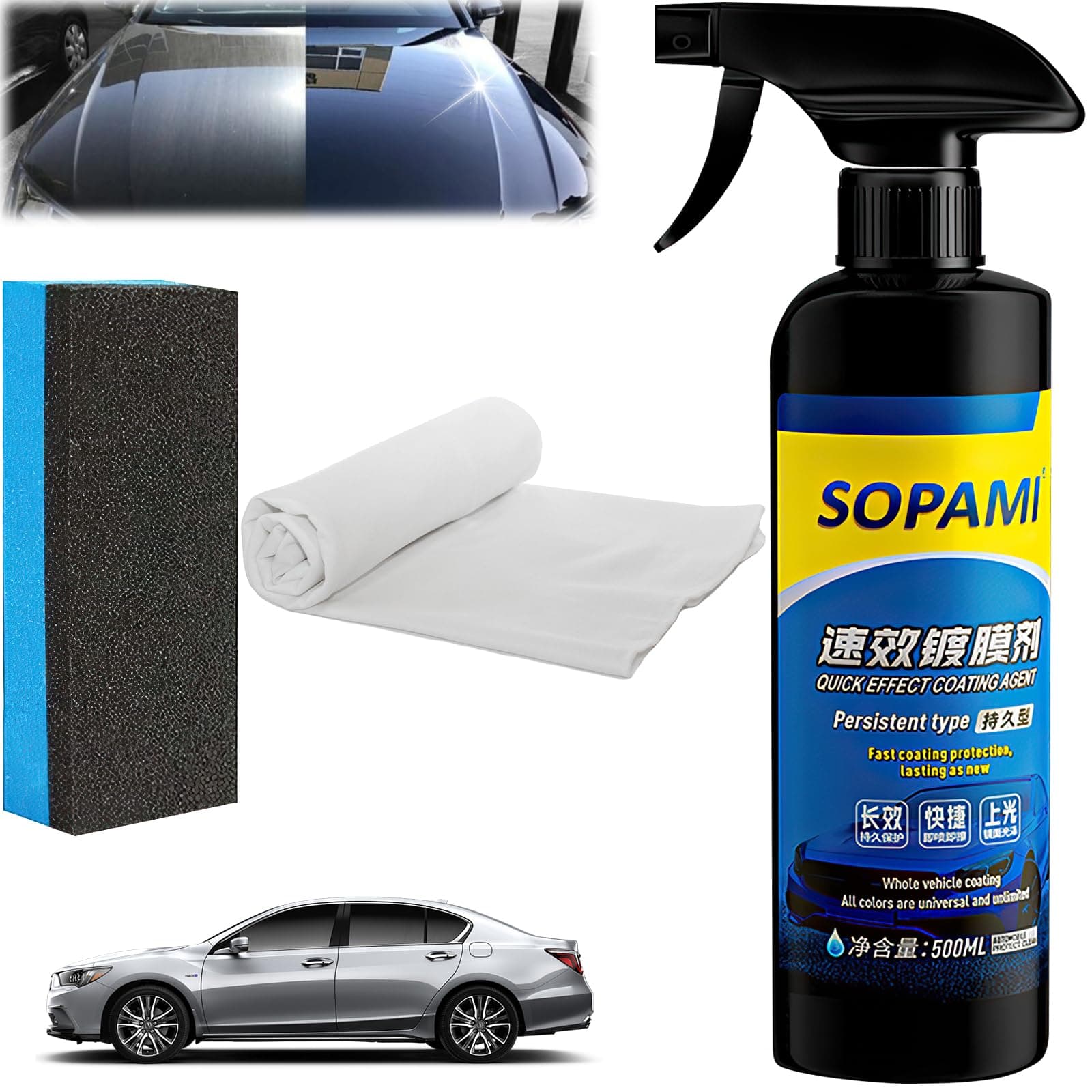 Car Coating Spray,Quick Effect Coating Agent,Quickly Coat Car Wax,Car Scratch Wax Polish Spray Waterless Wash,Oil Film Emulsion Glass Cleaner (1PC+Sponge+Cloth)