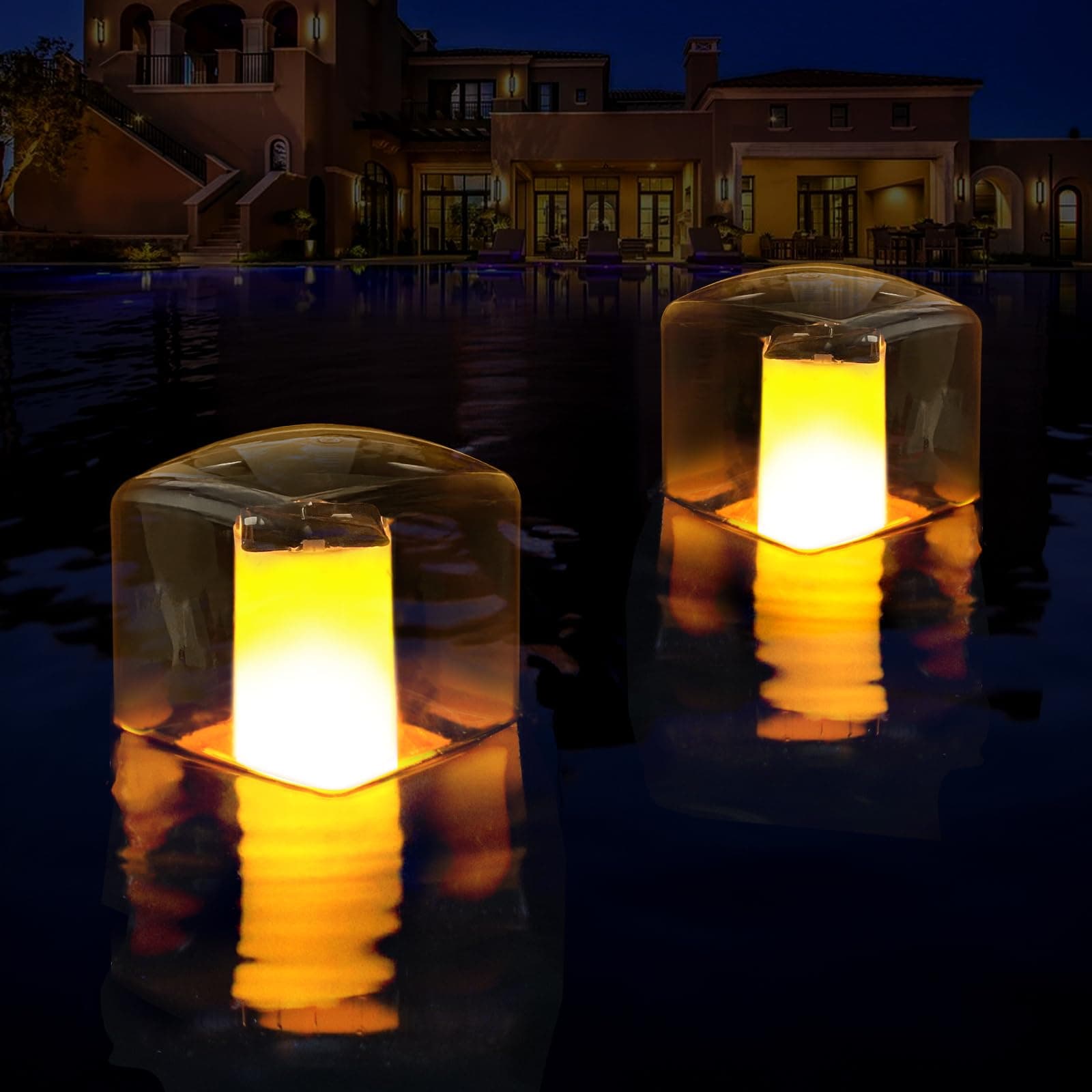 Floating Pool Lights, Solar Flame Pool Lights Waterproof, Square Pool Lights Solar Powered, Glow in The Dark Light Up Swimming Pool Accessories,Floating Solar Lights for Pool Pond Outdoor-2PCS