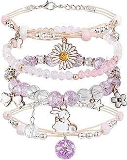 DS 4PCS Beaded Charm Bracelets for Teen Girls Dainty cute cartoon Crystal Beads Pearl Bracelets anklets set for woman and girls Adjustable Stretch bracelet birthday Gift For Friends