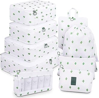 Mossio 9 Set Packing Cubes with Shoe Bag & Electronics Bag - Luggage Organizers Suitcase Travel Accessories, White Cactus, L