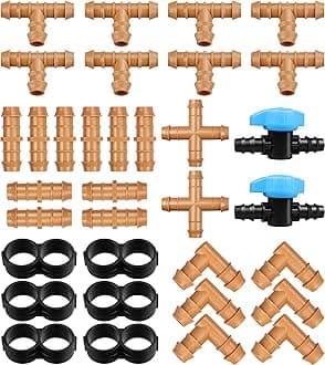 JAYEE 34 Pieces Drip Irrigation Fittings Kit (17mm) for 1/2" Tubing (.600" ID), 10 Couplings, 8 Tees, 2 Cross, 2 Valve, 6 Elbows and 6 Tubing End Closure - Barded Connectors for Sprinkler Systems