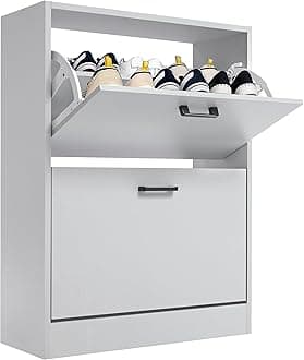 Blisswood 2 Drawer Shoe Cabinet, Wooden Shoe Storage Organiser Cupboard Unit Hallway Furniture, freestanding Entryway 2 tier Modern Shoes Rack Cabinet Footwear Stand for Shoes (Light Grey)