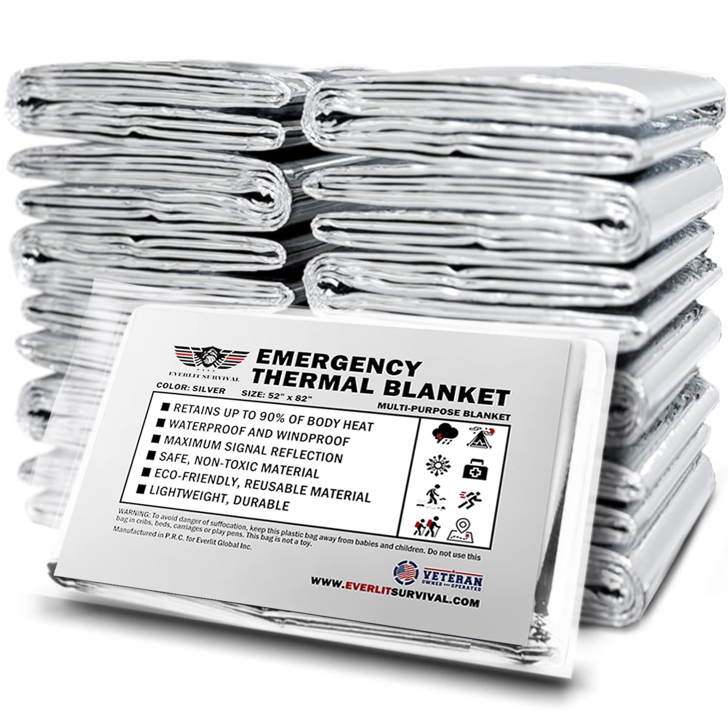 Survival Emergency Mylar Thermal Blankets -Space Blanket Survival kit Camping Blanket Perfect for First Aid Kit, Outdoors,Hiking,Survival,Bug Out Bag,Marathons (Silver, 12 Pack)