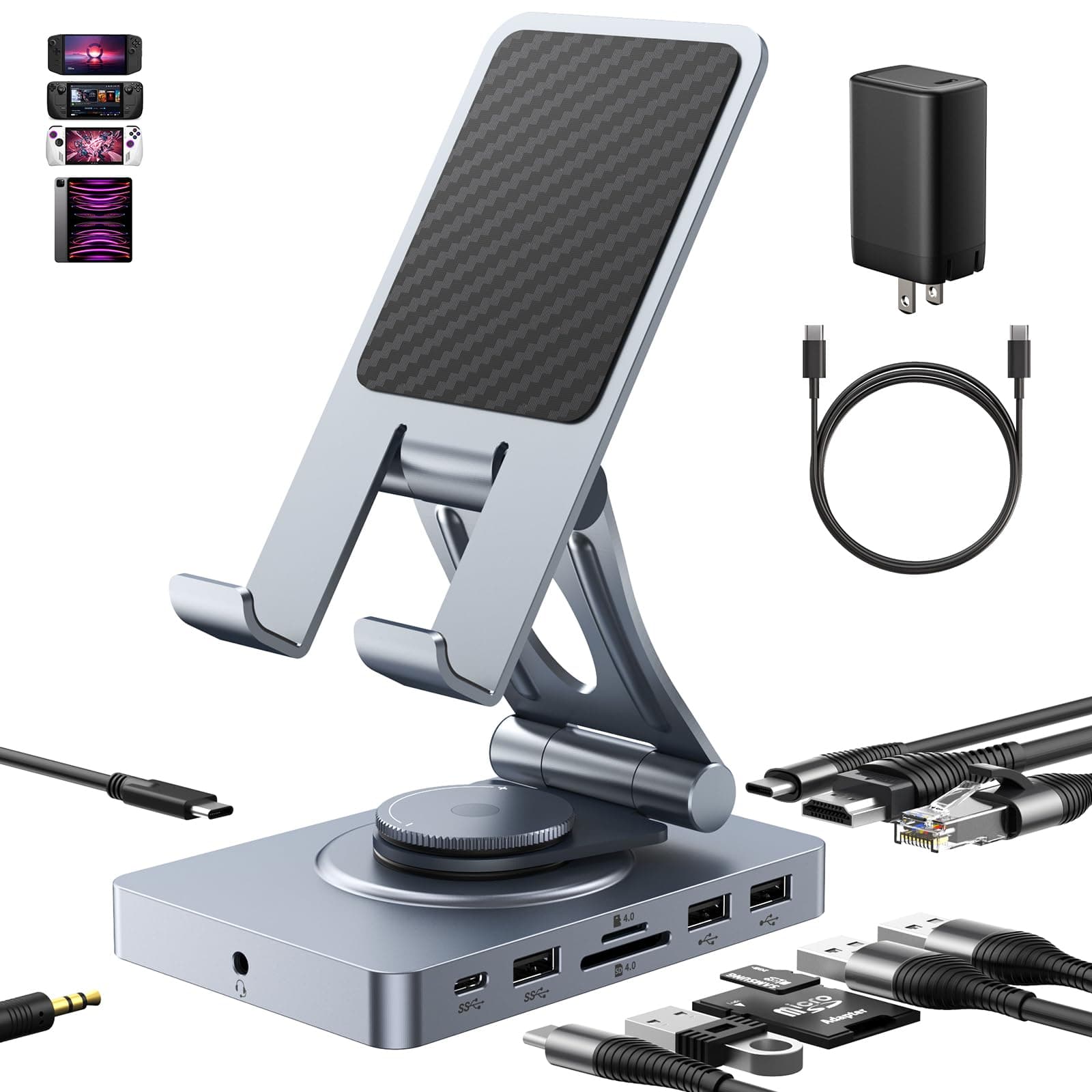 Versatile USB C Docking Station for iPad (USB-C), 11-in-1 with SD TF 4.0 Reader, 4K@60Hz HDMI, RJ45, Audio, USB A, USB c, Rotatable, Also for Tablet, Steam Deck, ROG Ally, Legion Go, with 65W Adapter