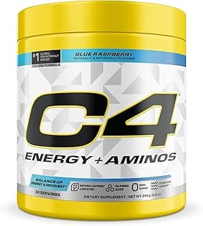 C4 Energy + Aminos Powder, 5g BCAAs & EAAs for Muscle Recovery, 3 Electrolytes for Hydration, 100mg Natural Caffeine, Pre Workout, Zero Sugar, 30 Servings, Blue Raspberry