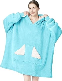 Touchat Wearable Blanket Hoodie, Oversized Sherpa Blanket Sweatshirt with Hood Pocket and Sleeves, Super Soft Warm Plush Hooded Blanket for Adult Women Men, One Size Fits All (Teal)