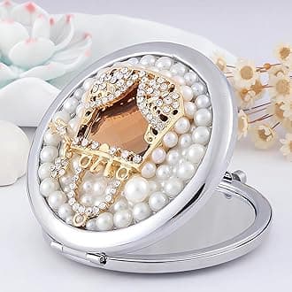 Pocket Mirror for Women 1x/2x Compact Mirror for Purses Hand Made Small Round Mirror Mini Mirror Girl's Travel Makeup Mirror (Gold Bag), 3inch