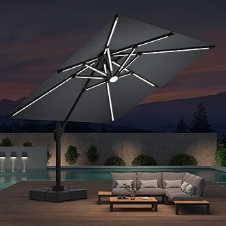 10x10 FT Cantilever Patio Umbrella with Led Lights Double Top Outdoor Square Heavy Duty Offset Umbrellas 360°Rotation Free-motion Track Tilt Windproof for Pool Deck Garden, Grey