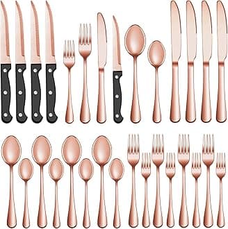 24 Pcs Rose Gold Silverware Set with Steak Knives Service for 4,Stainless Steel Flatware Set,Mirror Polished Cutlery Utensil Set, Kitchen Eating Tableware,Include Fork Knife Spoon Set,Dishwasher Safe