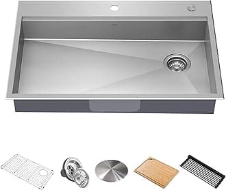 KWT310-33/5.5 Kore ADA Workstation 33-inch Drop-In Topmount 16 Gauge Stainless Steel Single Bowl Kitchen Sink with Accessories, 33 Inch