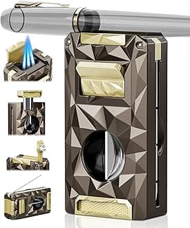 All-in-one Butane Torch Lighter with Cutter, Punch, Holder, Draw Enhancer Tool, and Triple Windproof Flame, Refillable Butane Lighters with Gift Box for Men, Cool Lighters for Outdoor, Candle