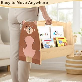 SheSeek Toddler Bookshelf Double-Sided with 4 Tier Deep Sleeves Kids Wooden Montessori Book Rack for Baby Nursery Room, Playroom, Classroom or Bedroom Bookcase Storage Organizer, Brown Bear